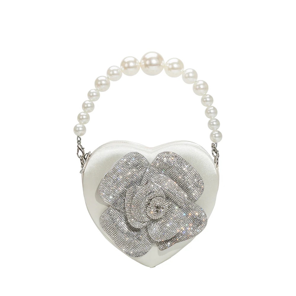 White Satin Pearl Heart Handle Bag With Embellished Flower Detail